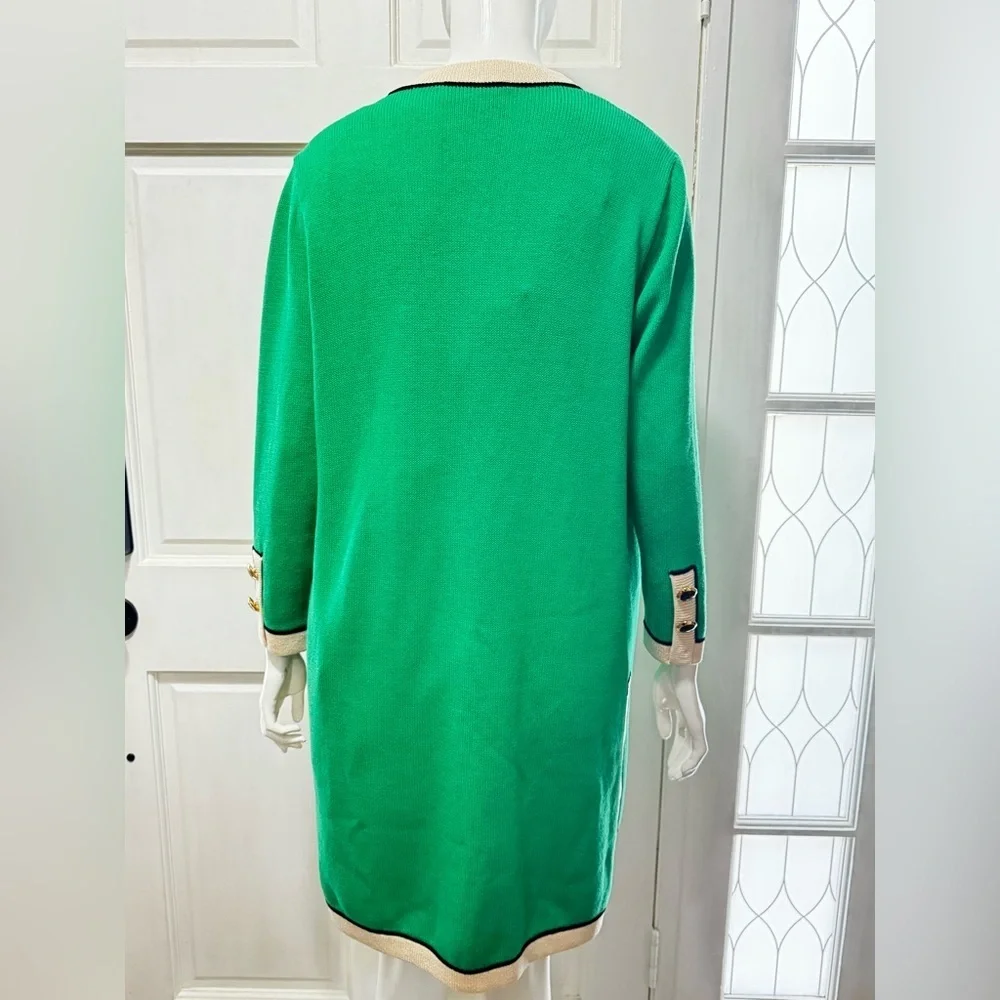 St. John Collection Long Green/Black Gold Buttons Open Front Cardigan Sz L P-38